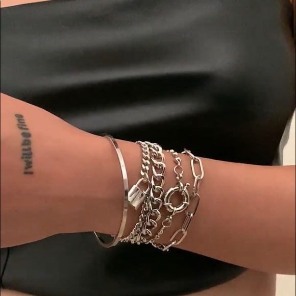 Silver Chunky Punk Cuban Chain Bracelets Set of 5 - Picture 2 of 5